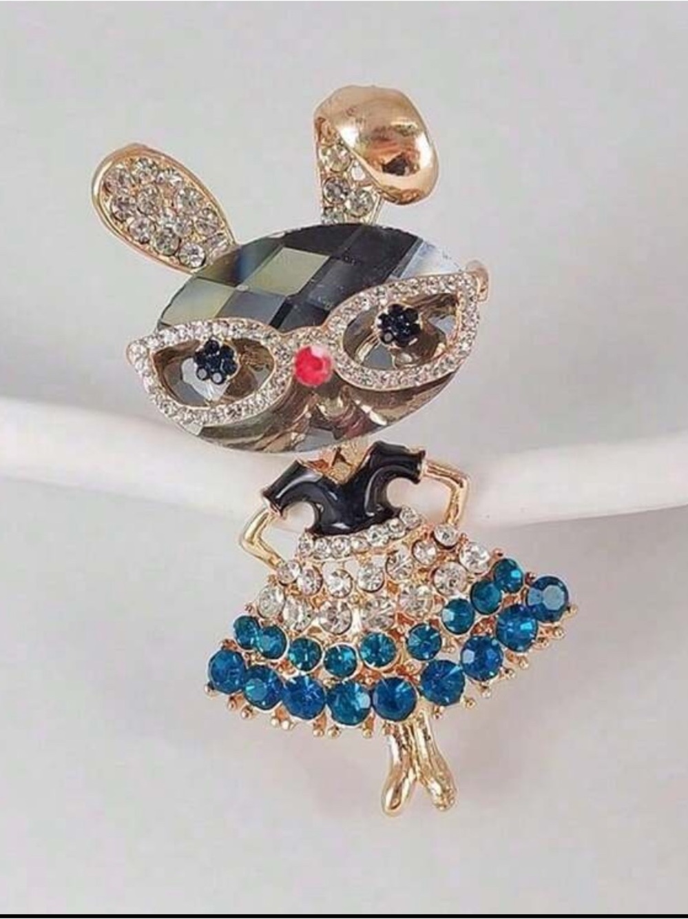 Gold-Tone Crystal Bunny Brooch with Blue Skirt nwt
